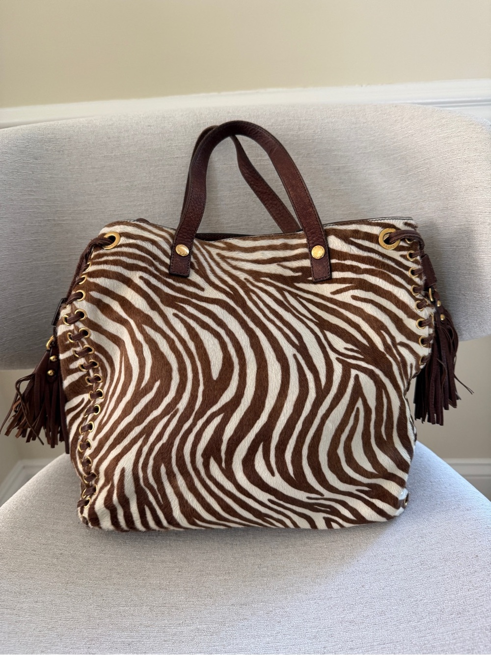 Prada Zebra Pony Hair Calf Hair Leather Tote Shoulder Bag Brown Gold Tassel - Picture 2 of 14